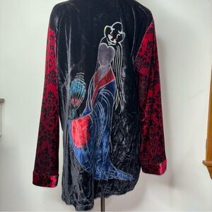 Look East Velvet Burnout Button Top Tunic Geisha Asian Black Red Floral Large